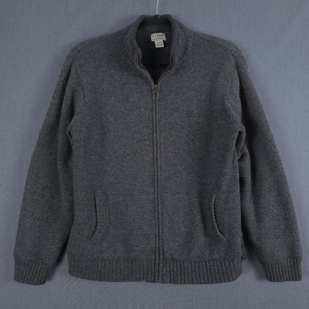 LL Bean Mens Lambswool Sweater Mens XL Gray Fleece Lined Full Zip Jacket 251464‎